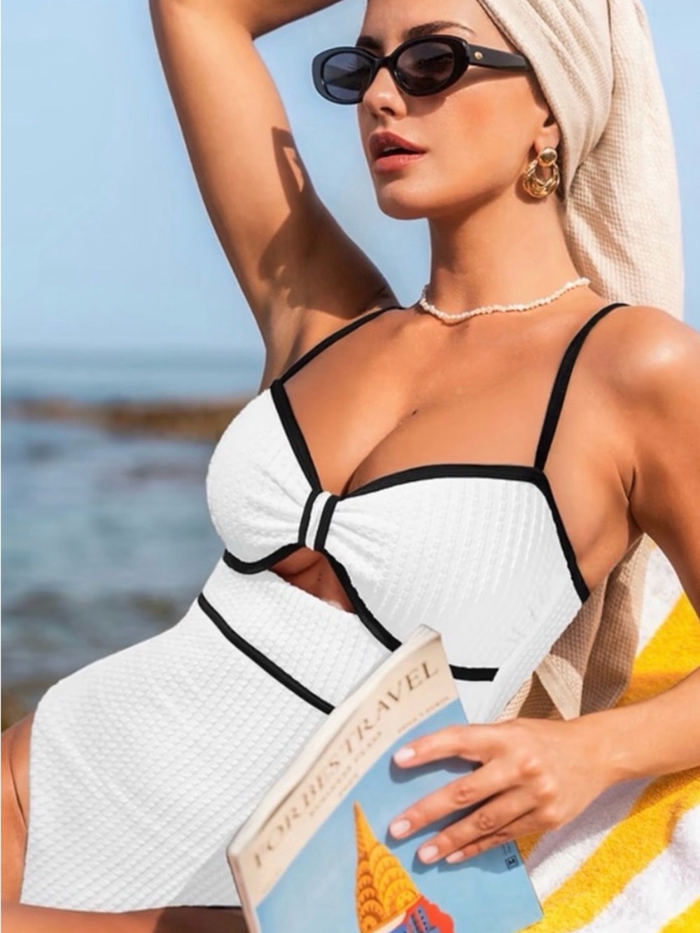 Cupshe White One-Piece Swimdress with Black Trim